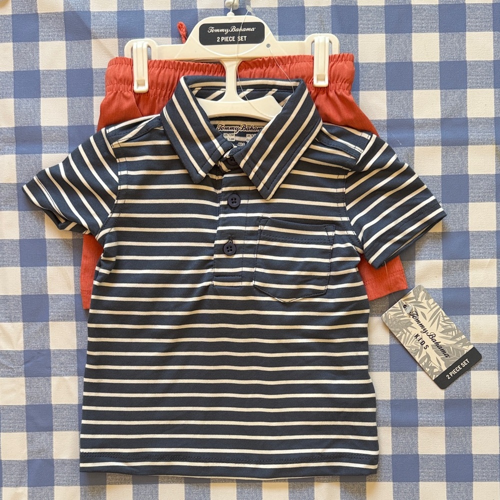 Tommy Bahama Kids Navy & White Striped Polo with Coral Shorts Set